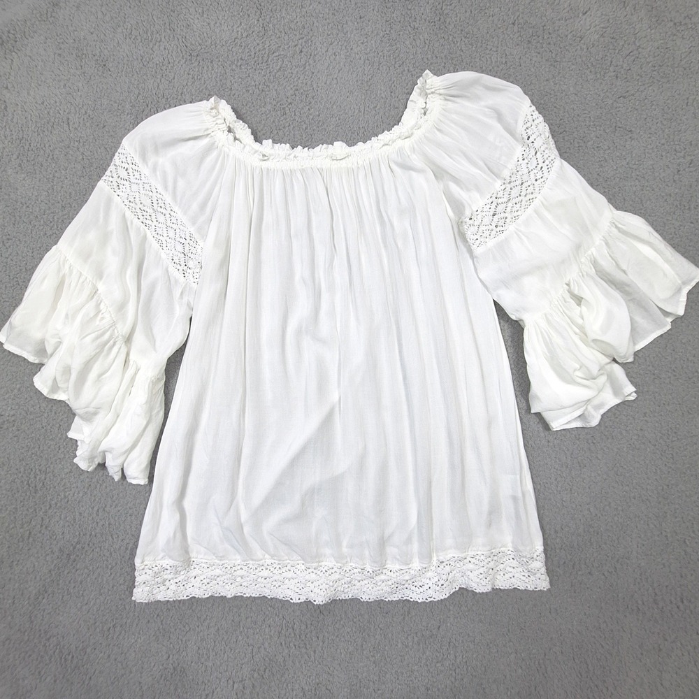 Surf Gypsy Peasant Top Womens Medium White Crochet Lace Bell Sleeve Boho A470
